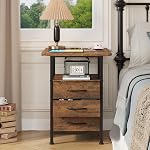 GYIIYUO Night Stand Set 2 with 19'' Large Tabletop, 3 Fabric Drawer and Fast Charging Station, Bedside Table with Spacious Storage, Side End Tables with USB Ports and Outlets, Bedroom, Rustic Brown