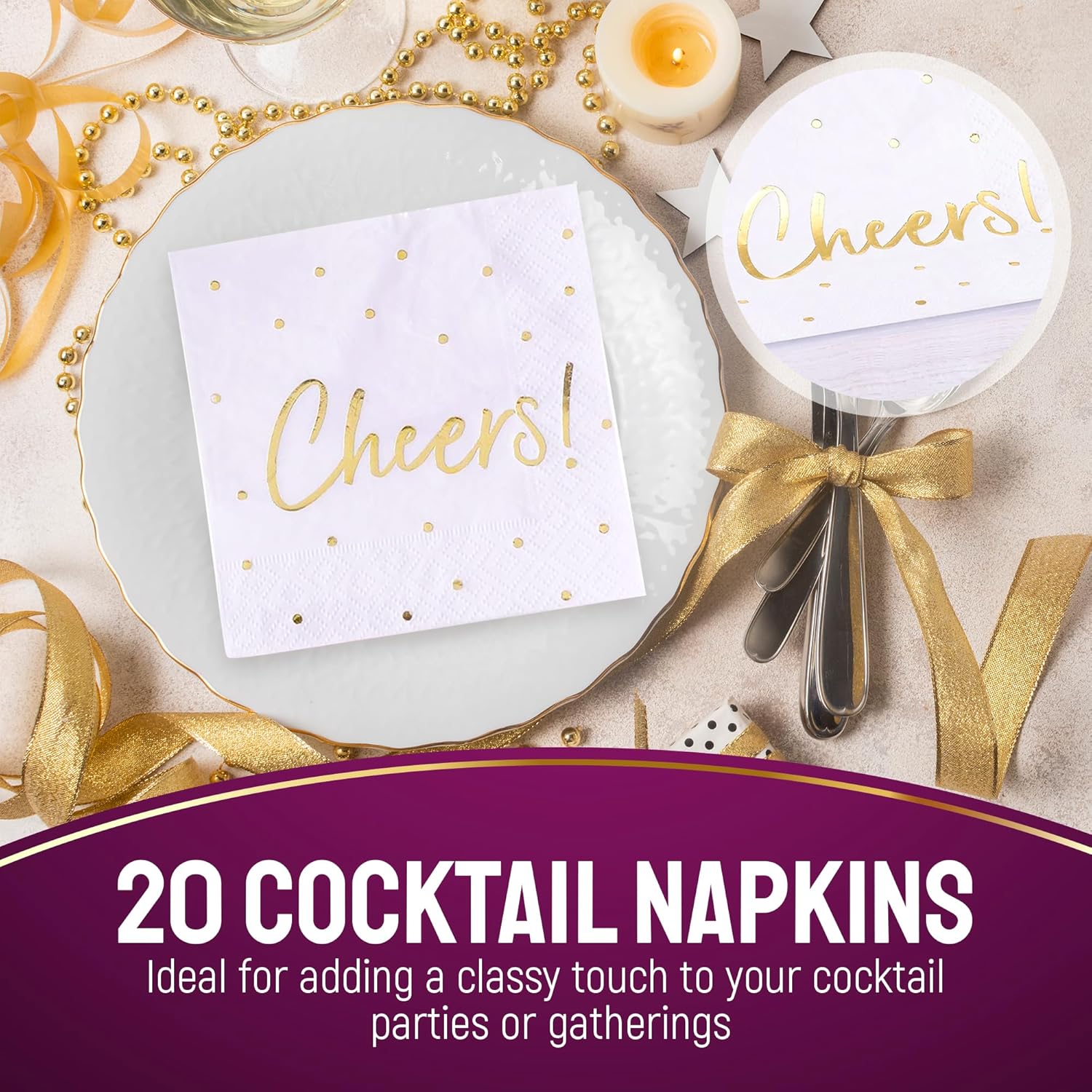 Premium Acrylic Cocktail Napkin Holder - Elegant Napkin Holder with Bonus 20 Gold Embossed 'Cheers' Napkins Included- 5x5 Inches