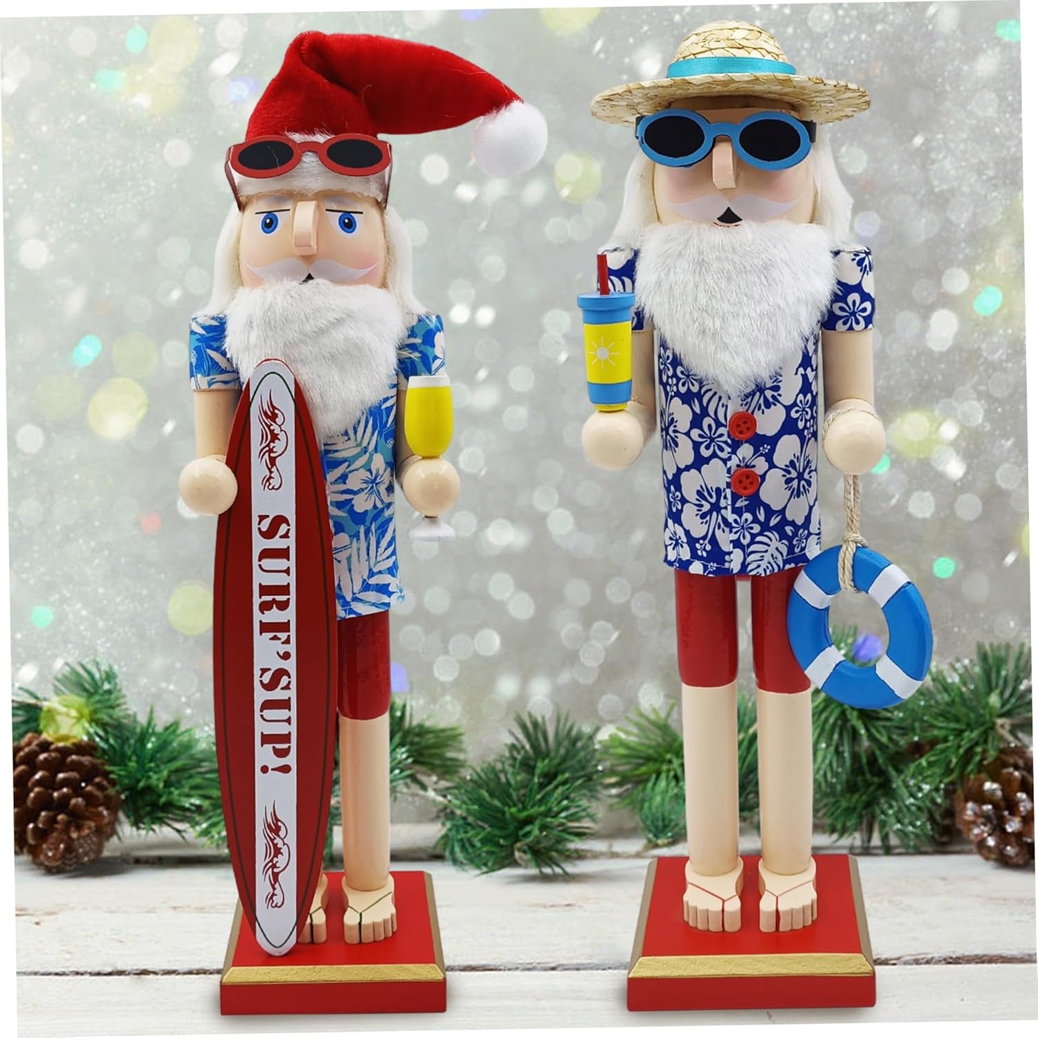 2Pcs Christmas Nutcrackers Summer Hawaii Santa Wooden Nutcracker Christmas Decor for Xmas Tabletop Centerpieces Shelves, 15in