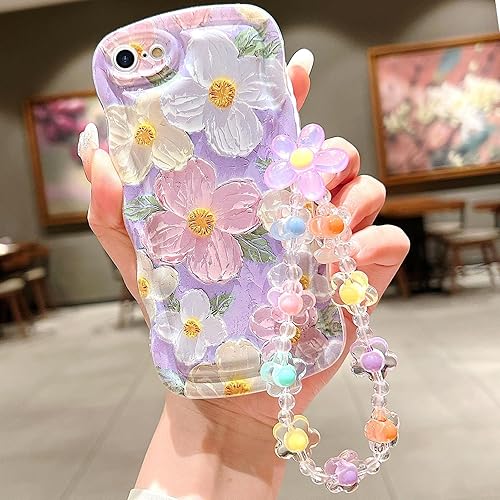 Miniatura 11 de para iPhone 13 Mini Funda rizada ondulada, linda funda protectora de pintura al óleo retro colorida con patrón de flores brillantes [con cadena de