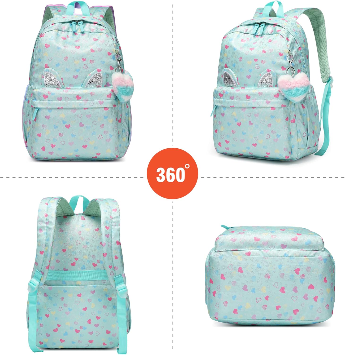 30L Pink Green Peach Heart Backpack for 6-18 Years Girls Waterproof School Bookbag with Cat Ears & Peach Heart Keychain,Large Capacity Lightweight Travel Backpack for Teens College - Image 7