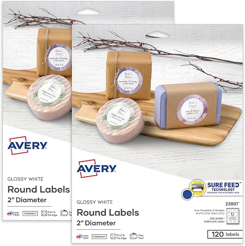Avery® Printable Round Labels, Sure Feed® Technology, Glossy White Labels, 2" Diameter, Permanent Adhesive, Laser/Inkjet, 120 Per Pack for 240 Total (2-Pack of 22807)