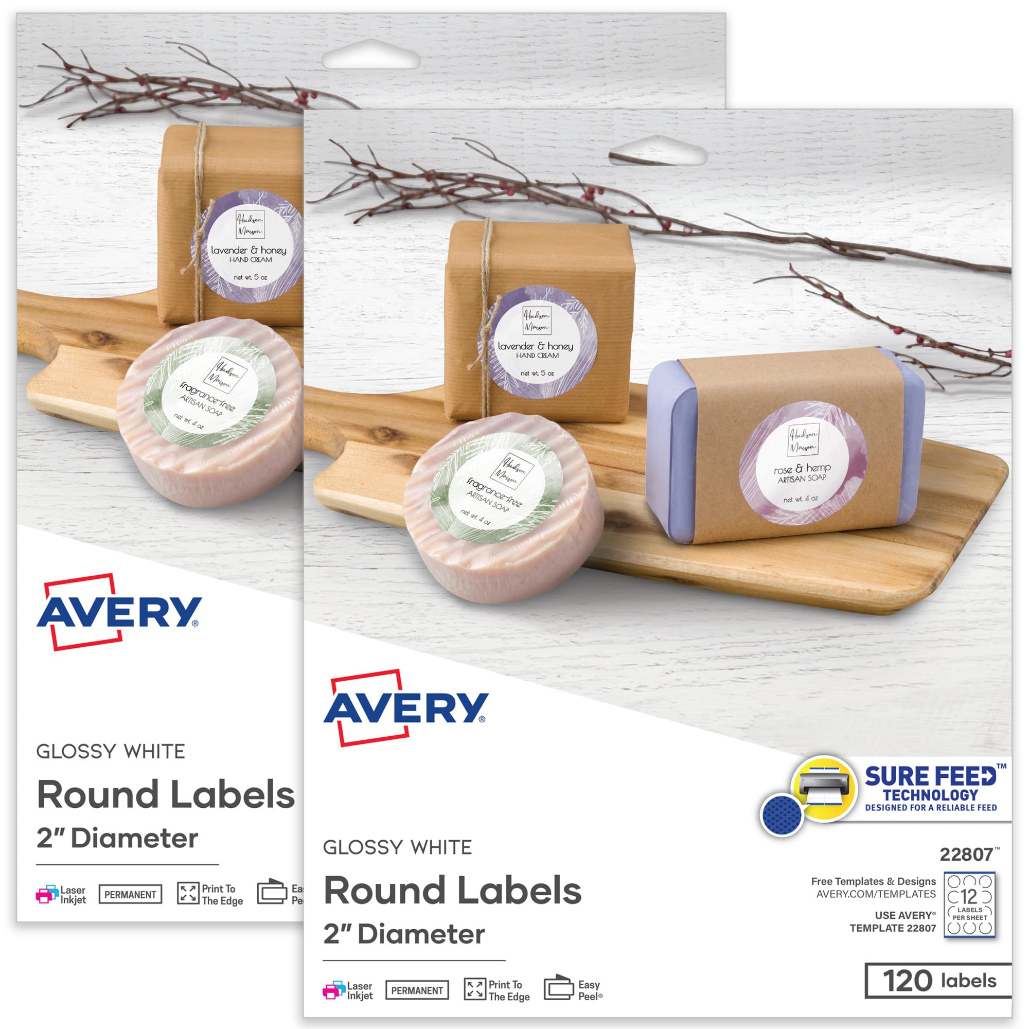 Avery Etiquetas redondas imprimibles con tecnología Sure Feed, etiquetas blancas brillantes, 5 cm de diámetro, adhesivo permanente, láser/inyección de tinta, 120 por paquete para 240 etiquetas