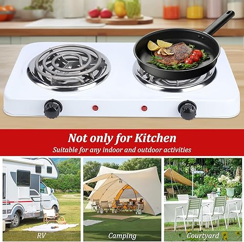 Miniatura 7 de Estufa eléctrica portátil, 2000 W de acero inoxidable doble quemador con placa caliente de bobina, control de temperatura de 5 niveles, luz