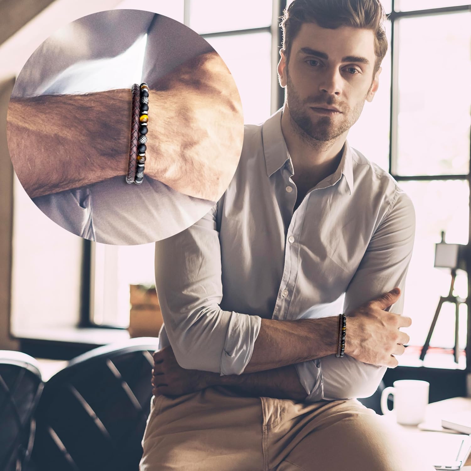 Men’s Leather Bracelet Stack with Textured Stainless Steel Beads, Hematite, Black Onyx, and Genuine Braided Leather | Durable Wristband for Men’s Bohemian Street Style in Black or Brown - Image 3
