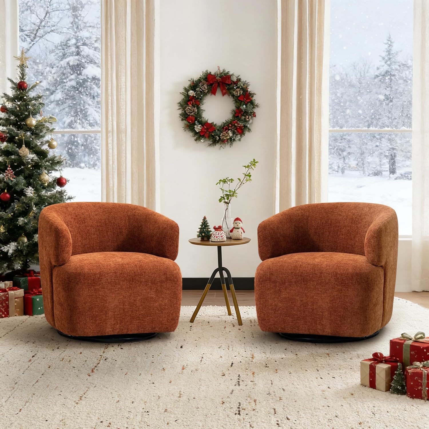 Swivel Accent Chair Set of 2, 360° Rotating Modern Barrel Accent Chair, Small Round Arm Chairs, Modern Swivel Barrel Chair for Apartment/Living Room/Bedroom, (Burnt Orange)