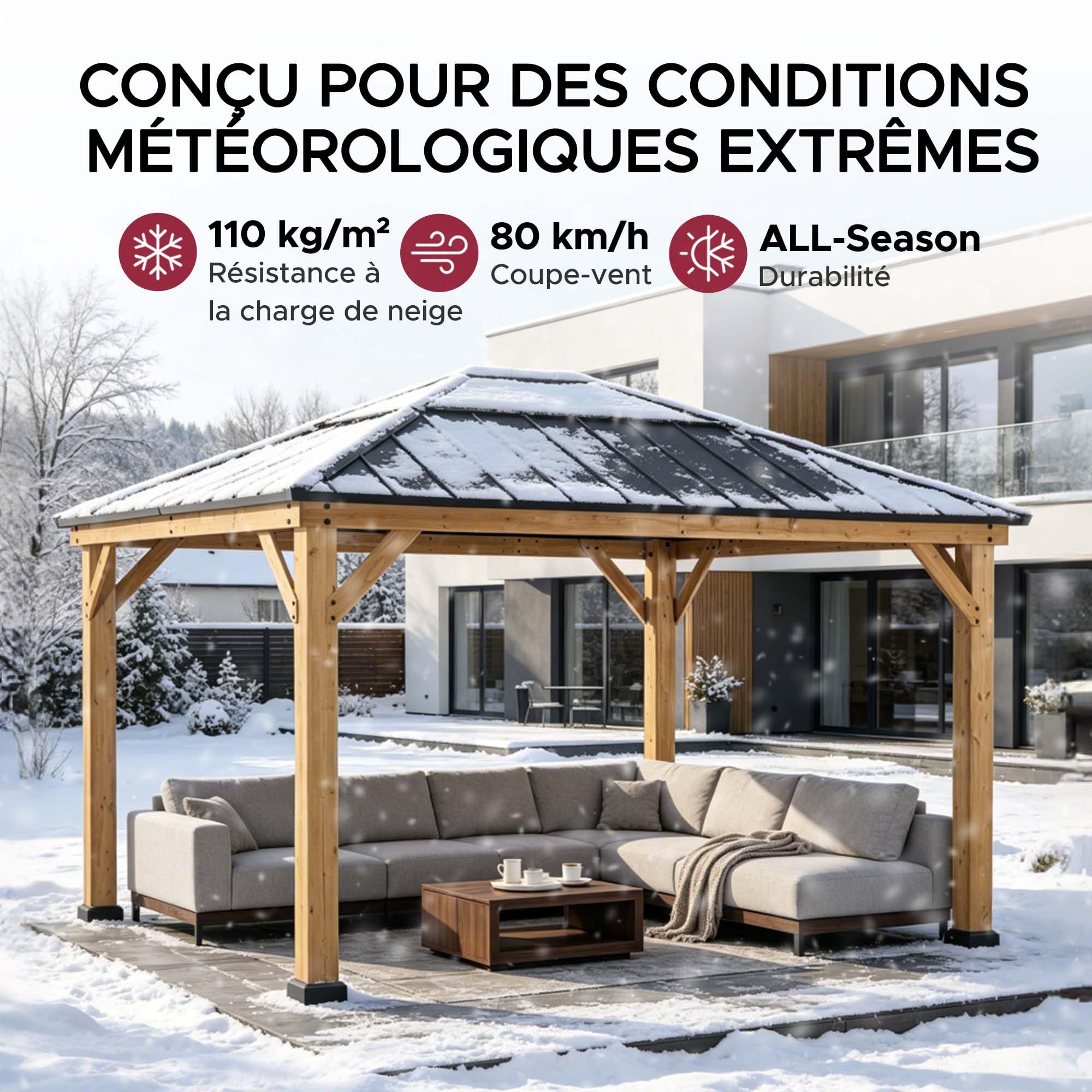 SUNJOY Tonnelle Hardtop Bois 3,3×3,9 m, Cadre en Cèdre Naturel, Toit en Acier avec Puits de Lumière en Polycarbonate, Pavillon Extérieur Résistant au Vent et à la Neige pour Jardin, Patio et Terrasse