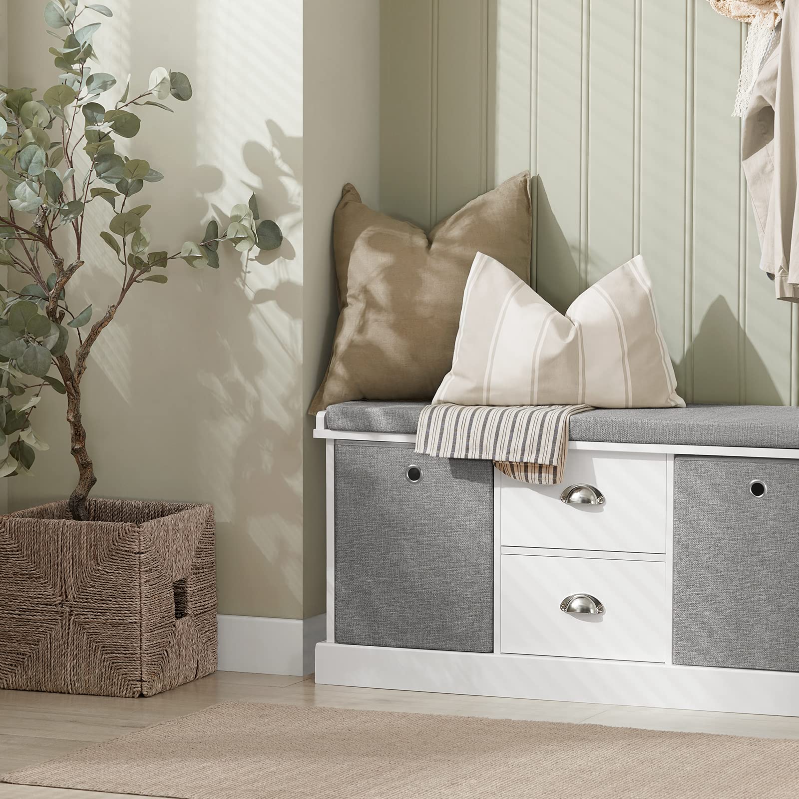SoBuy Banc de Rangement avec Coussin Rembourré, Meuble Bas Entrée, Commode à Chaussure avec 2 Tiroirs et 2 Paniers,Armoire à Chaussure, pour Entrée, Salon, Blanc et Gris, 100x35x50 cm, FSR66-HG