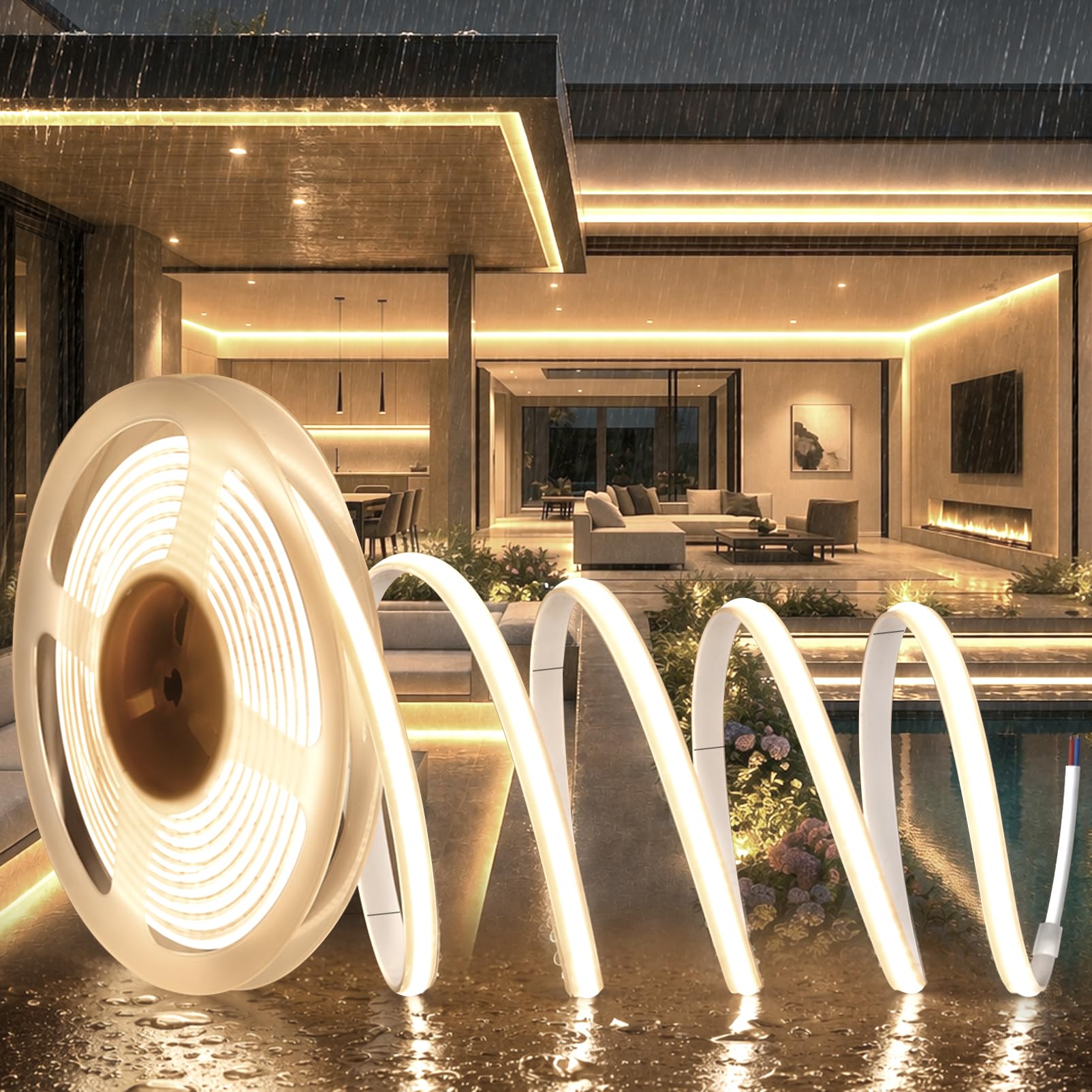 20m COB Tira de Luces LED 220V Adhesiva Exterior Sin Enchufe | Silicona Blanco Neutra 4000K Tiras Led Luz Impermeable IP65 Fita Led Strip Neón Flexible Para Habitacion, Interior, Exterior