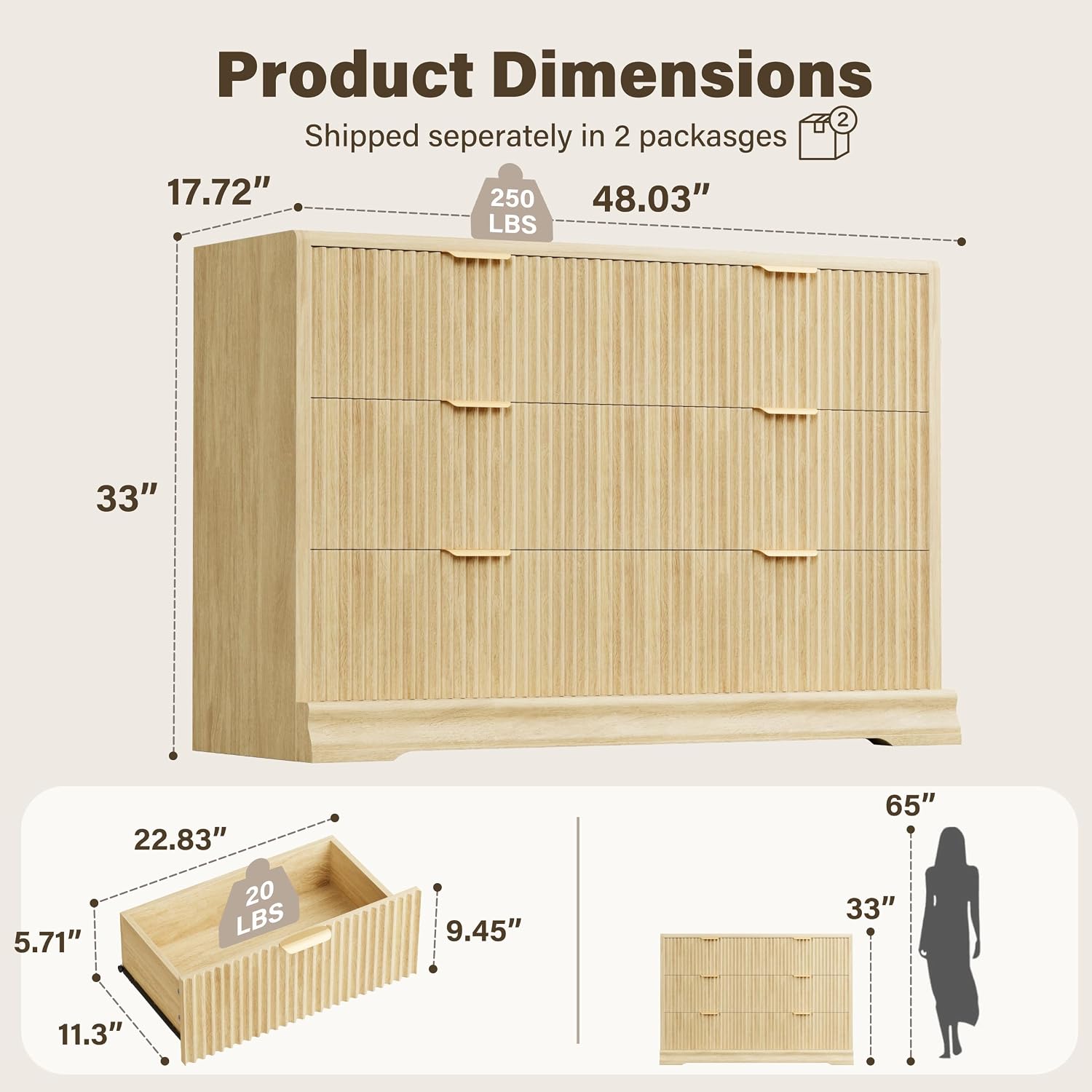 YESHOMY Fluted Dresser for Bedroom with 6 Drawers, 48" Wide Modern Chest of Drawers with Metal Handle, Solid Wood Base, Wooden Dresser TV Stand for Living Room, Hallway, Natural Oak