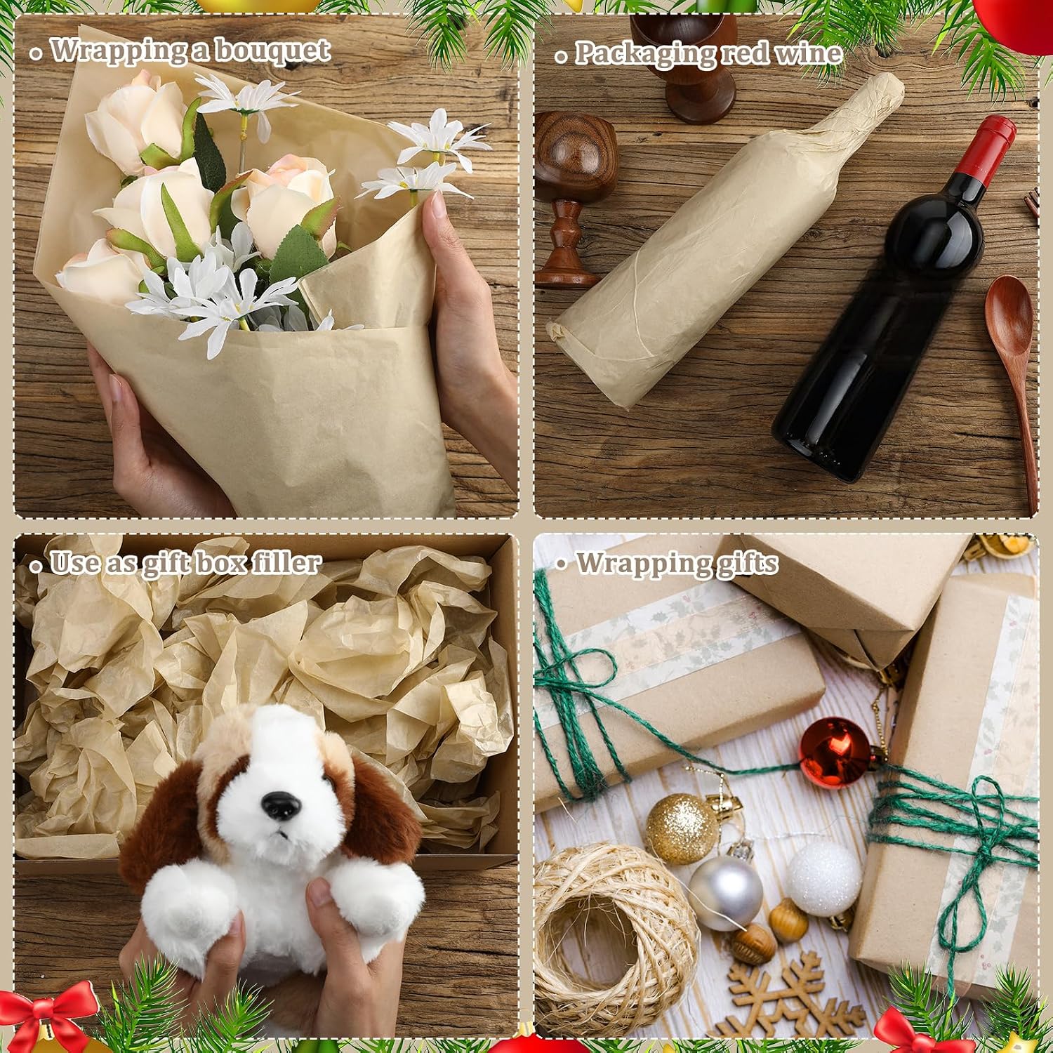 Fuutreo 300 Sheet Kraft Tissue Paper Bulk 14x20'' Wrapping, Brown