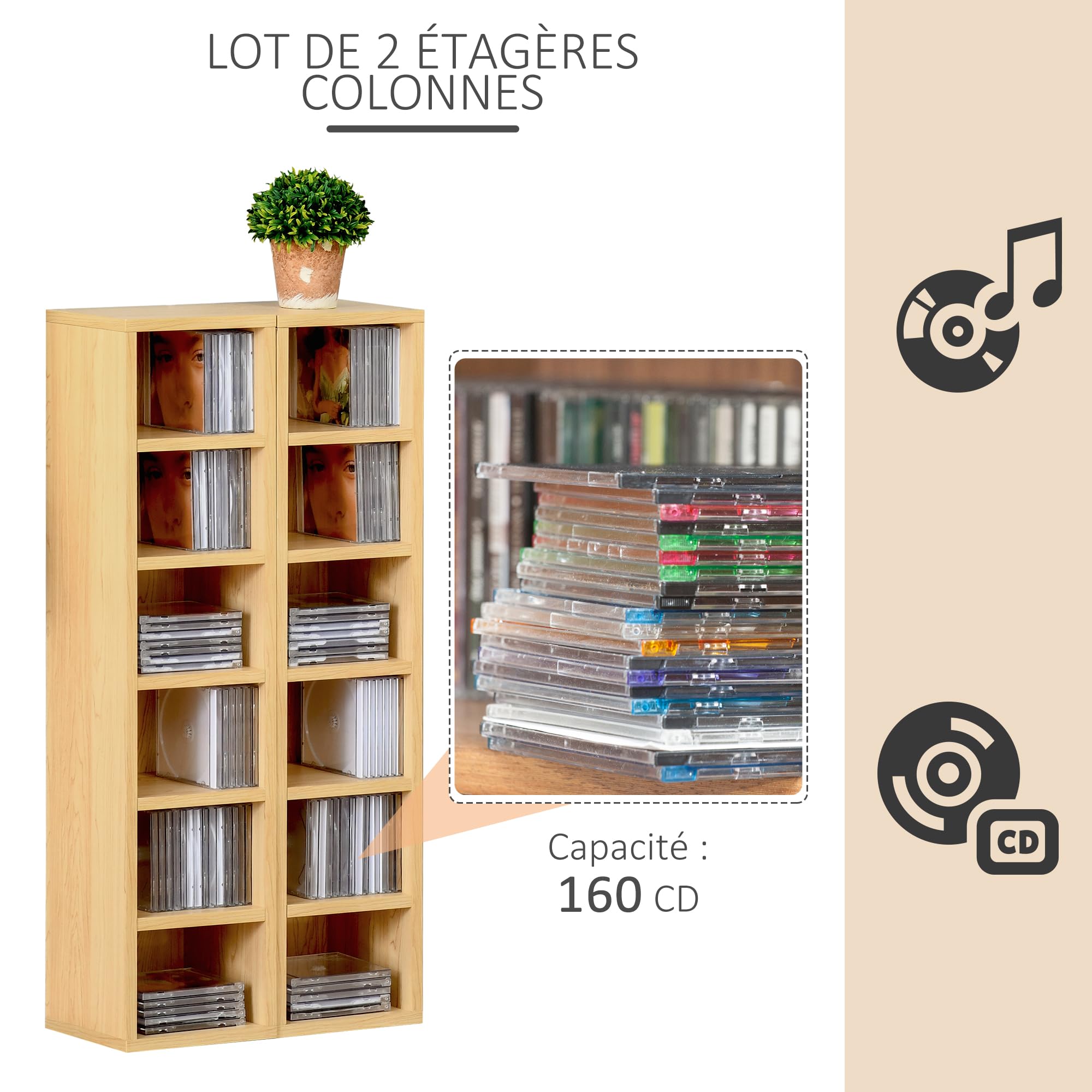 HOMCOM Lot de 2 étagères colonnes Armoire de Rangement CD-DVD 6 + 6 Compartiments dim. 21L x 19l x 88H cm capacité Max. 160 CD Naturel