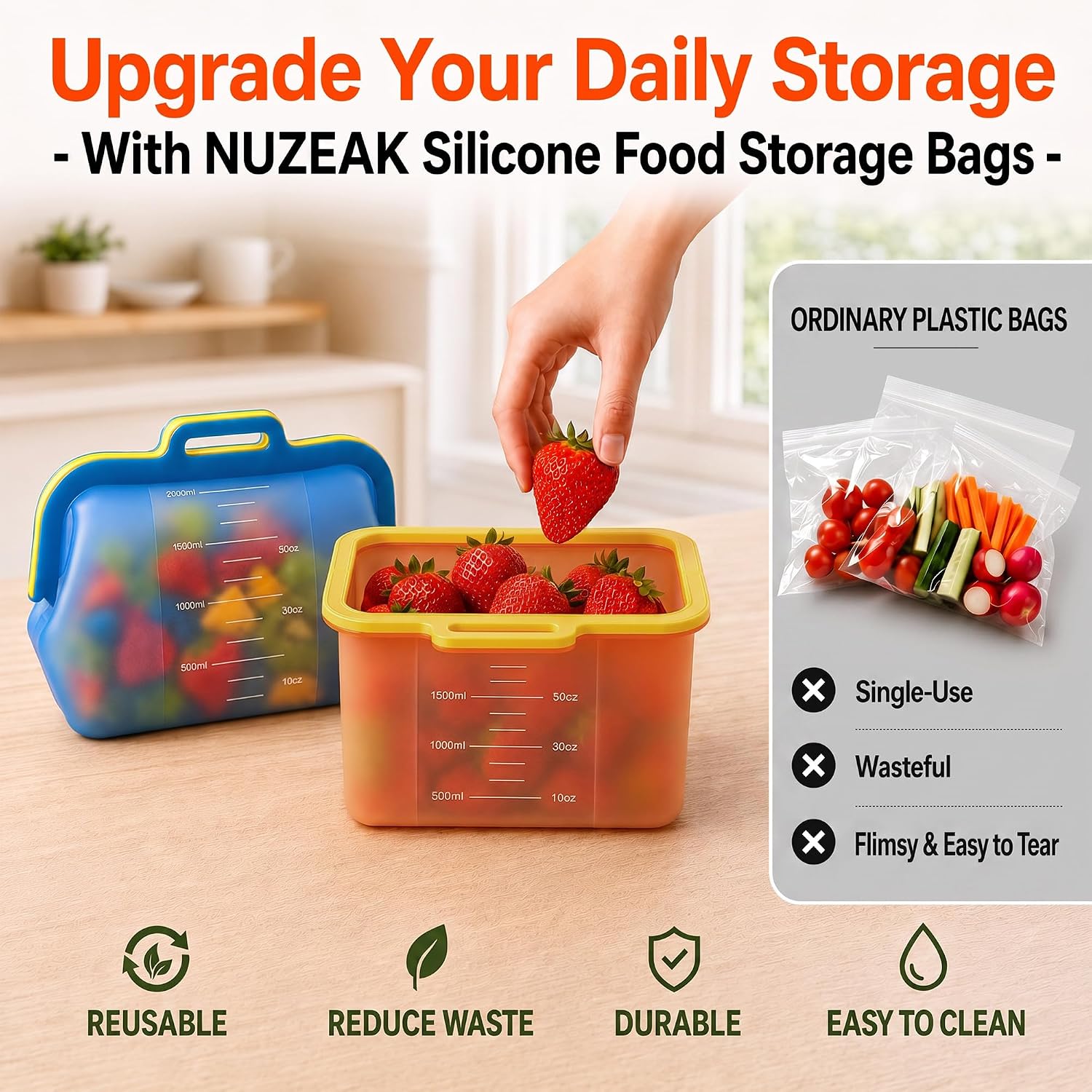 2 Pack Magnetic Seal Reusable Silicone Food Storage Bag, 68 oz, NUZEAK image 5