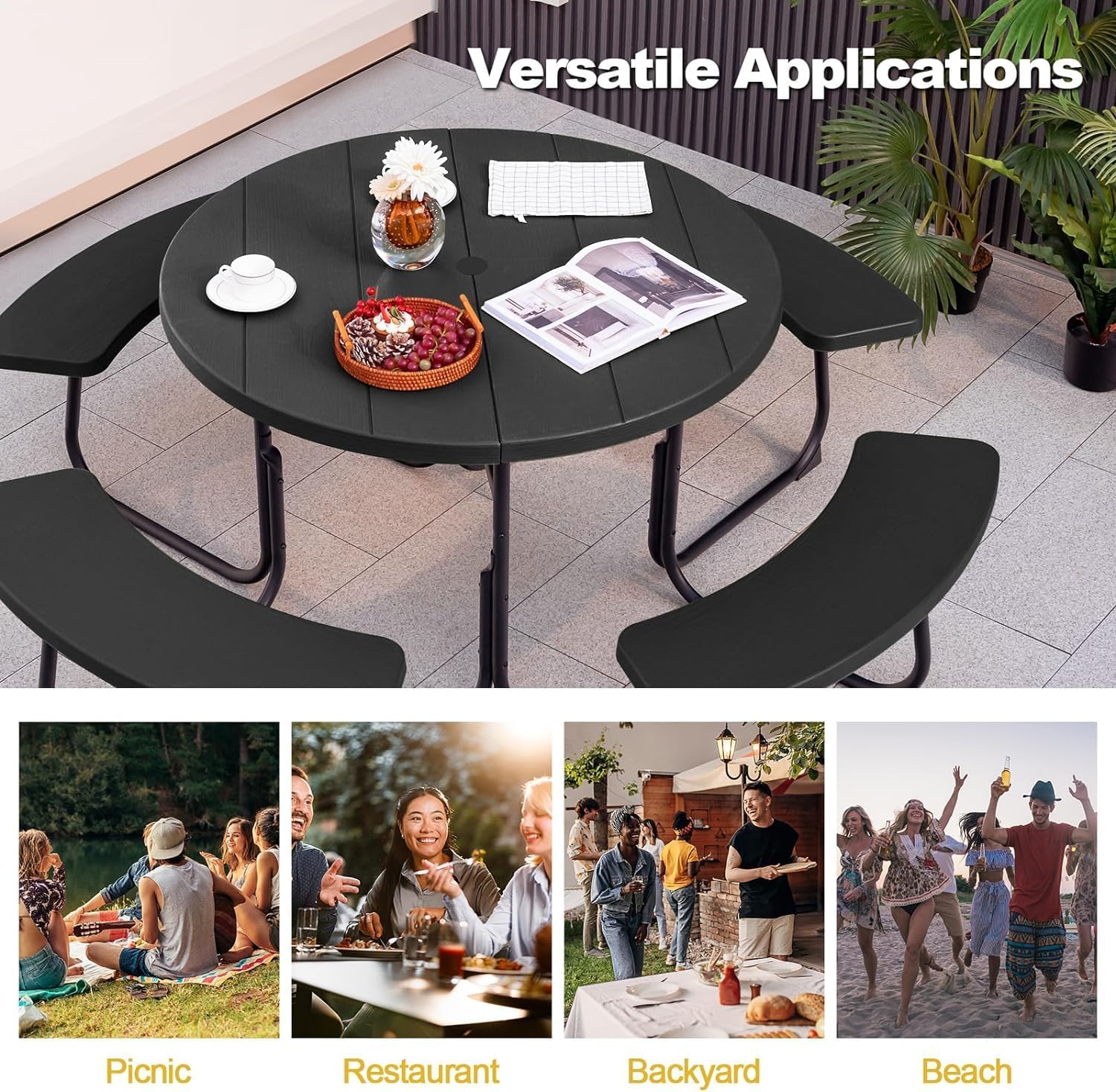 Round Picnic Table for Outdoors, 8 Person Outdoor Picnic Tables & Benches Set with Umbrella Hole, HDPE Tabletop & Metal Frame, 2000 LBS Capacity Table Bench Set for BBQ, Garden, Lawn, Patio