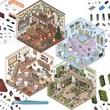 BROVITI 4 Sets 3D Fun Mini House Scene Stickers with Tweezers Make Your Own Cat Dog Panda Coffee Shop Bookstore Restaurant Supermarket Sticker Scenes Cute DIY Stickers for Relief Stress Pass The Time