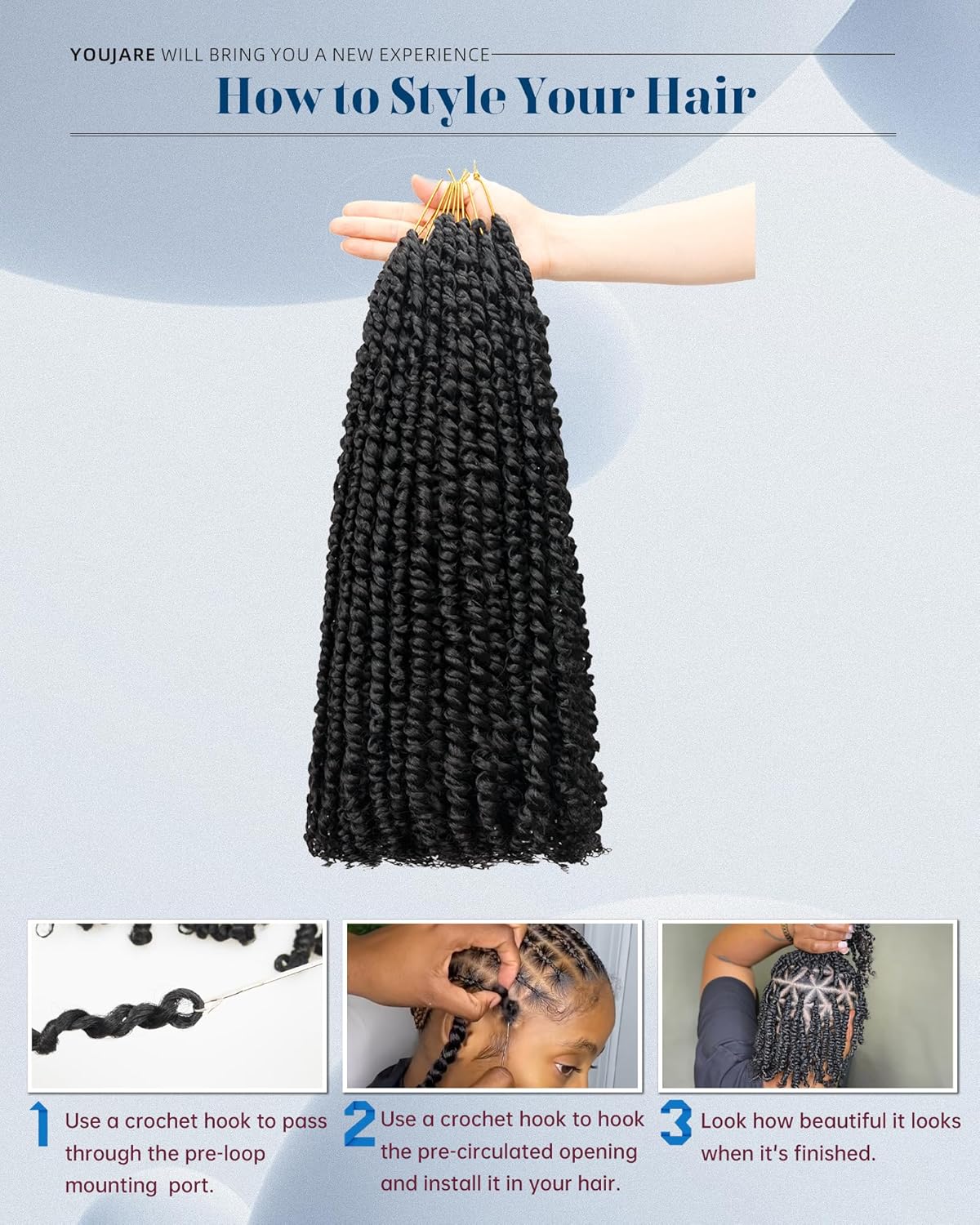 Pre-looped Passion Twist Crochet Hair 20 Inch 8 Packs,Natural Black Long Length Synthetic Spring Kinky Twist Braiding Hair Extensions for Black Women,Easy to Install (20"-8P,1B#)