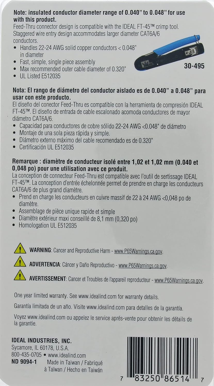IDEAL Electrical 85-385 Unshielded Feed-Thru Modular Plug, Cable Connector for CAT6A/6 Unshielded Cables, 50 Connectors