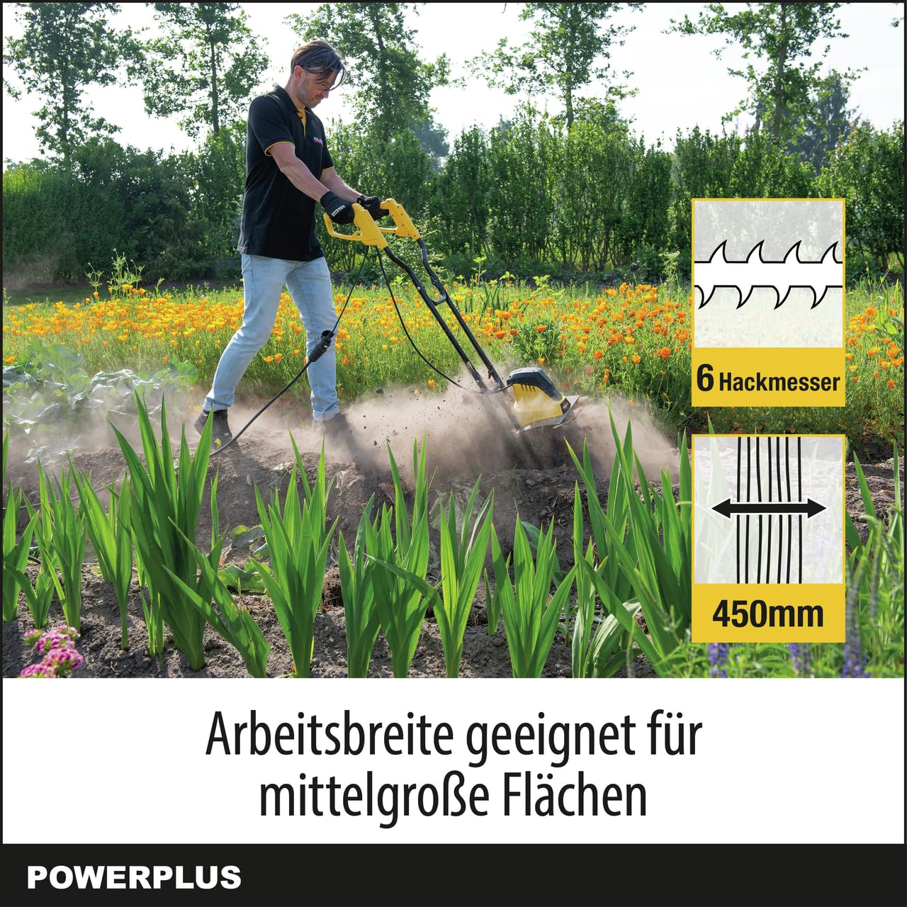 Power Plus Elektrische Gartenfräse POWXG72010-1500 W Gartenhacke mit 6 Messer zum Fräsen, Arbeitstiefe max. 220 mm, 450 mm breit, Elektrische Motorhacke, Gartengeräte