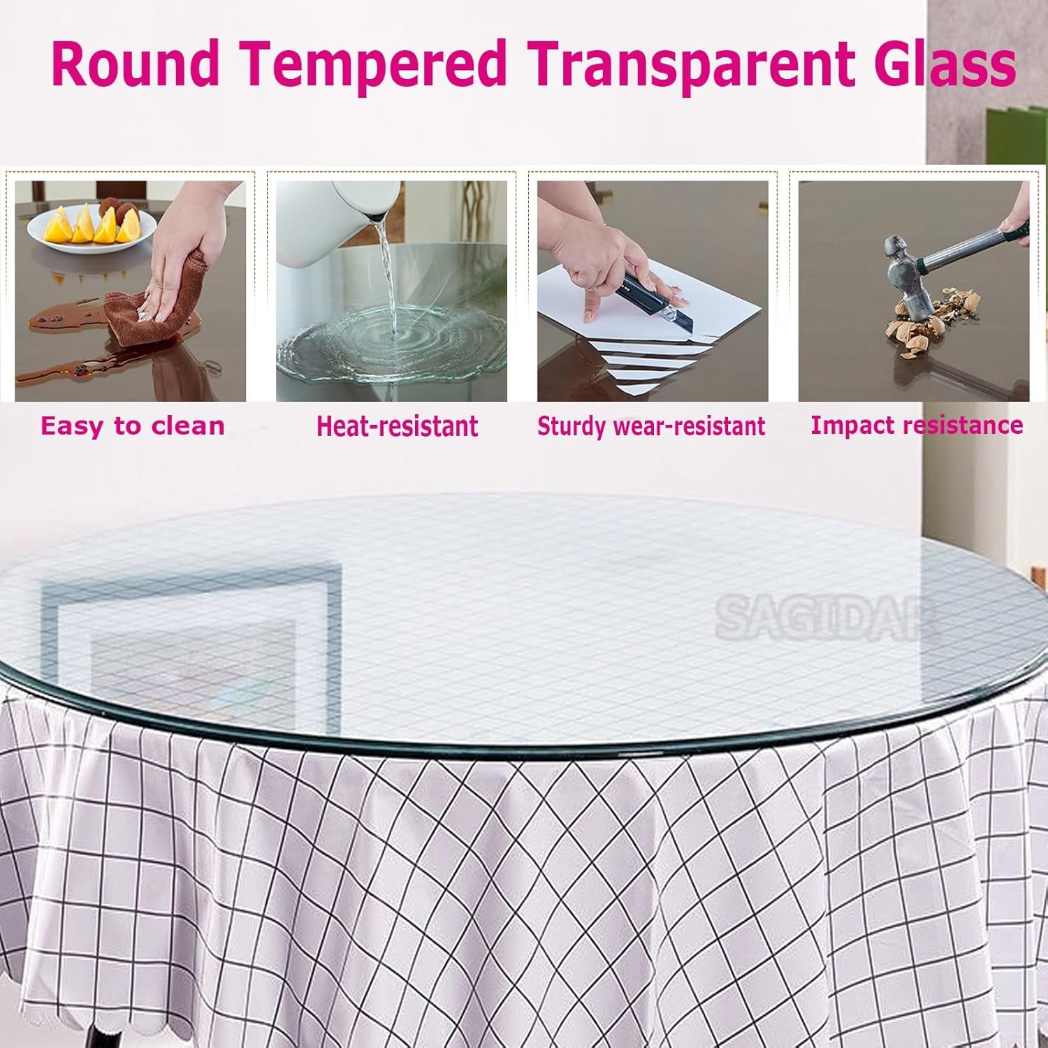SAGIDAR Table Top Tempered Glass Round, Glass Table Top Kitchen Dining Table Top, Decorative Glass Furniture Protects Yours Table, Round Circular Plate Glass for Coffee Table, Home Office Use