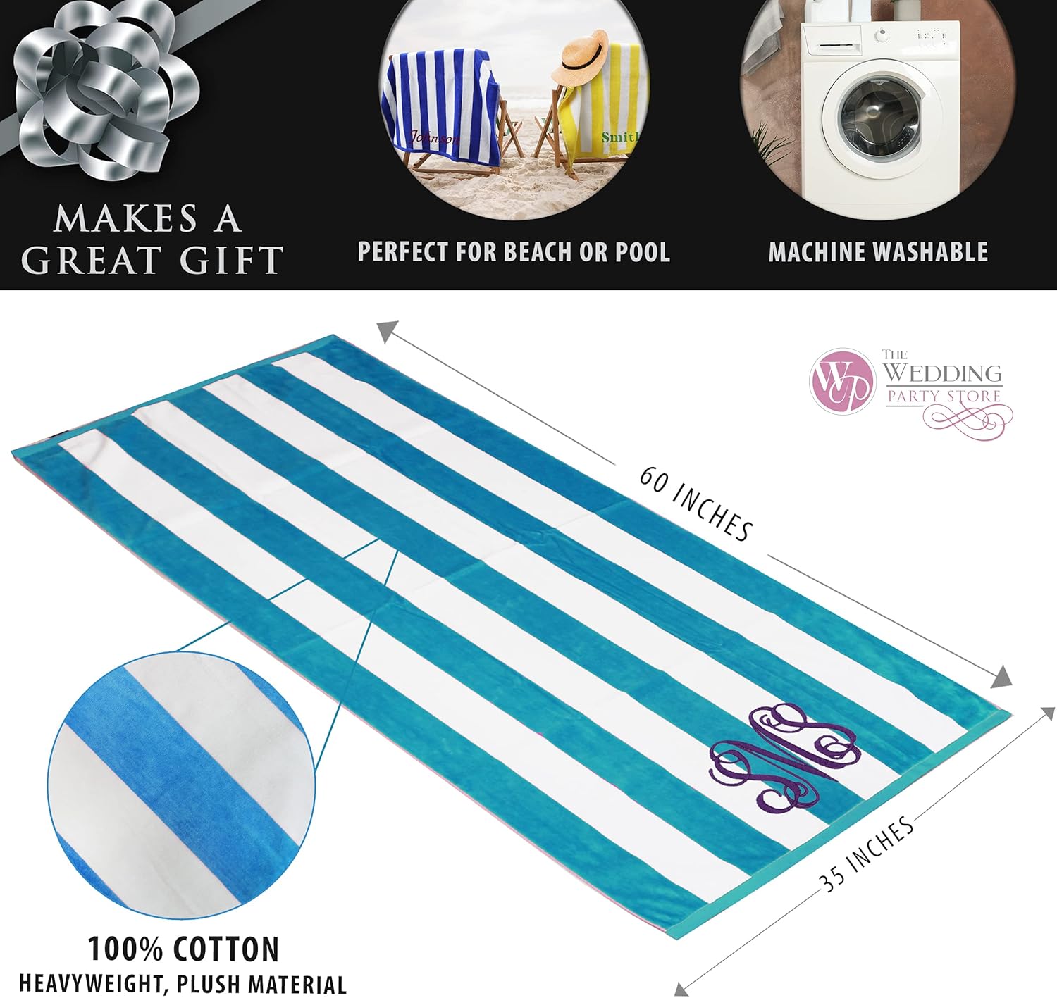 The Wedding Party Store Monogrammed Striped Beach Towel - Personalized Pool Vacation Cabana Towels - Custom Embroidered (Turquoise)