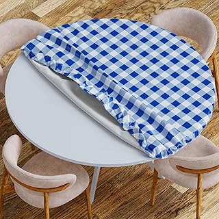 Sorfey Tablecloth -Fitted with Elastic, Vinyl with Flannel Back, Fits for Table 30 Inches Round,Water Proof, Easy to Clean, Checked Blue Design