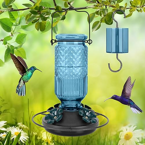 Miniatura 6 de FEED GARDEN Comedero de vidrio para colibríes para colgar al aire libre, comedero de colibríes de 16 onzas con 4 puertos de alimentación con
