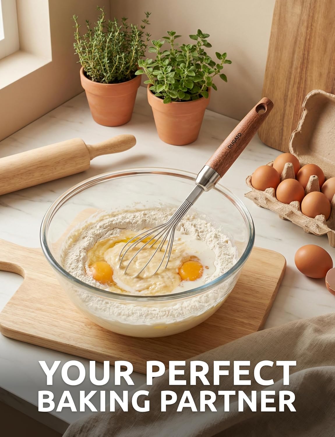 DUGATO Mini Egg Whisk 10 in, Stainless Steel with Wood Handle