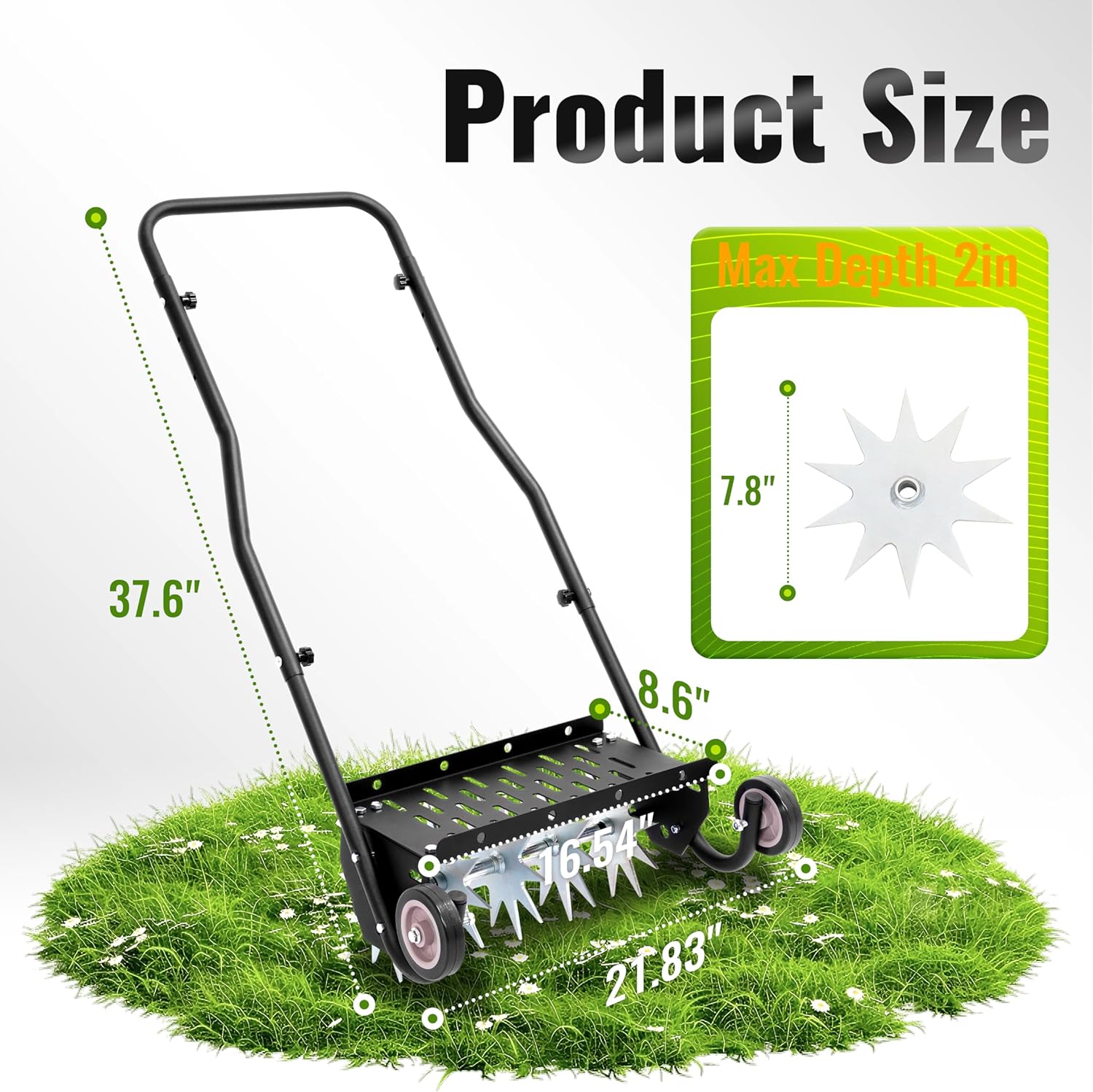 Push Spike Aerator Rolling Lawn Aerator, Rotary Spike Lawn Aerator, Manual Aeration Equipment W/Handle, 2 Wheels, 5 Steel Tines Suitable for Lawns, Garden, Yard Grass Aeration