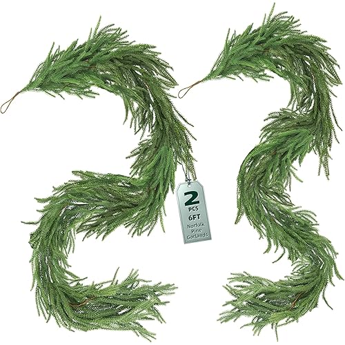 2Pcs 6FT Norfolk Pine Garlands Realistic, Real Touch Winter Xmas Garland, Christmas Decorations Indoor Outdoor, Artificial Holiday Decor Faux Greenery for Mantle, Fireplace, Table