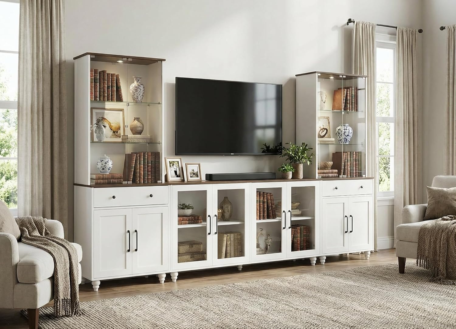 3-Piece Entertainment Center with Bookshelf for TVs up to 75", Wall Unit TV Stand with Spotlight & 6 Large Cabinets, Media Console with 2 Drawers for Living Room, Bedroom