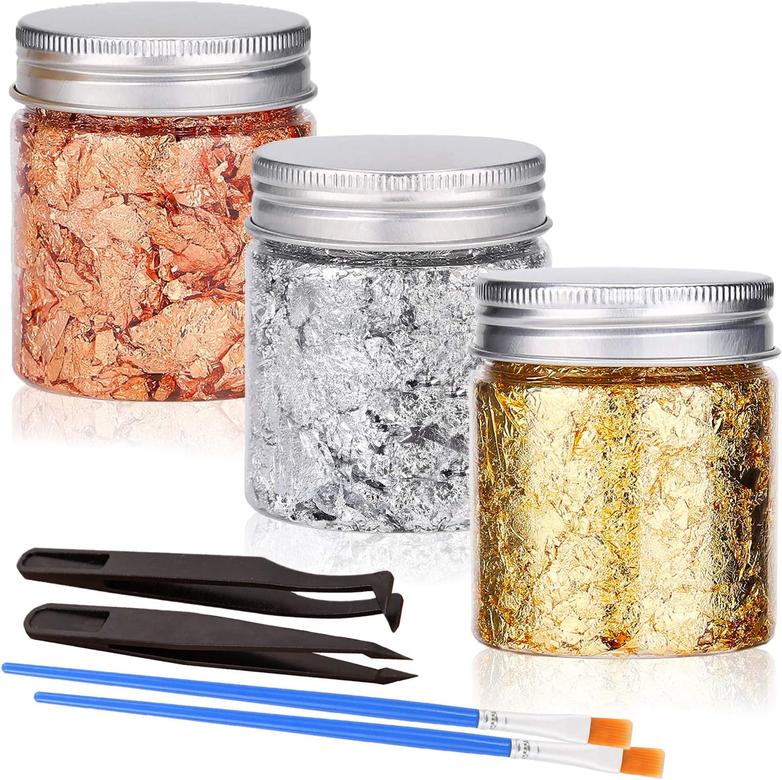 Gold Foil Flakes with Tweezers and Brush, 3 Colors Imitation Gold Foil Flakes Metallic Leaf for Nail Art, Painting, Crafts and Resin Jewelry Making (3color-9g)