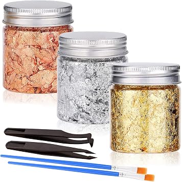Gold Foil Flakes with Tweezers and Brush, 3 Colors Imitation Gold Foil Flakes Metallic Leaf for Nail Art, Painting, Crafts and Resin Jewelry Making 3color-9g
