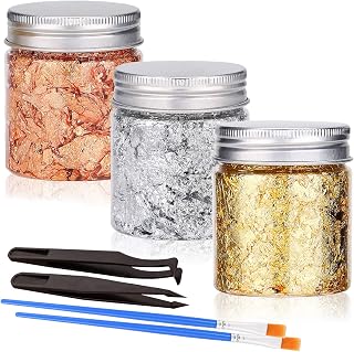 Gold Foil Flakes with Tweezers and Brush, 3 Colors Imitation Gold Foil Flakes Metallic Leaf for Nail Art, Painting, Crafts and Resin Jewelry Making (3color-9g)