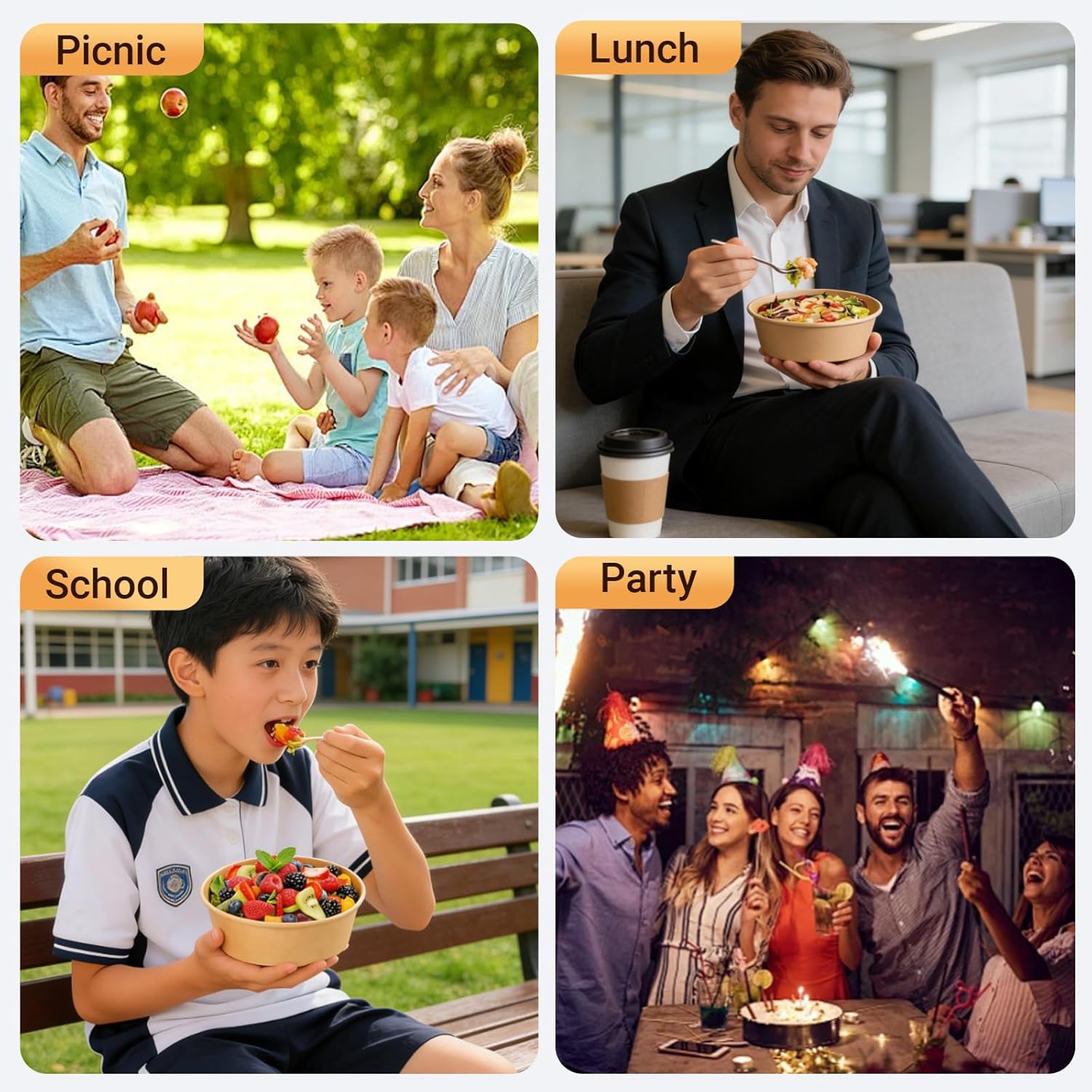 47oz Disposable Round Kraft Paper Meal Prep Containers with Lids, 50pk Oil Proof & Waterproof, Biodegradable Cardboard Food Bowls, Single Use for Gatherings, Schools, Families, Togo, Picnic