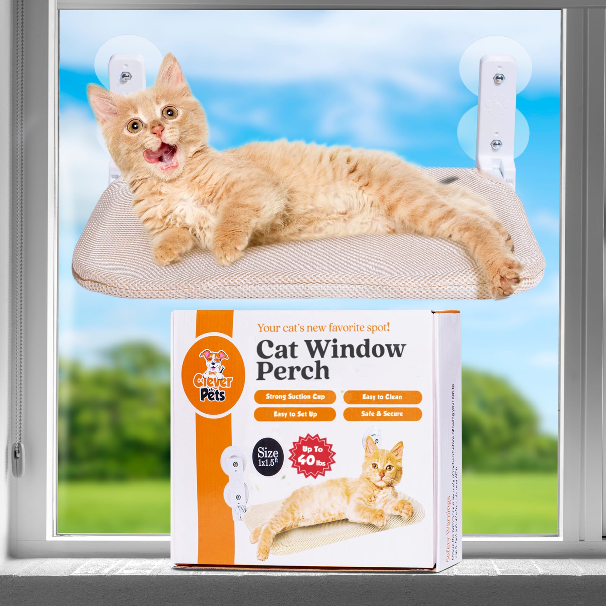 Cat Window Perch - Cordless Foldable Hammock with Hygienic, Claw-Resistant Polyester Mesh, Strong Suction Cups, Space-Saving Shelf and Stylish Lounger for Napping - Holds Up to 40 lbs