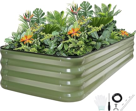 5-in-1 Adjustable Raised Garden Bed Kit | Galvanized Planter Boxes for Vegetables, Flowers | 12" Tall, Multiple Sizes 8x3x1ft, 9x2x1ft, 10x1x1ft, 6x5x1ft, 7x4x1ft | Outdoor Metal Raised Bed, Green