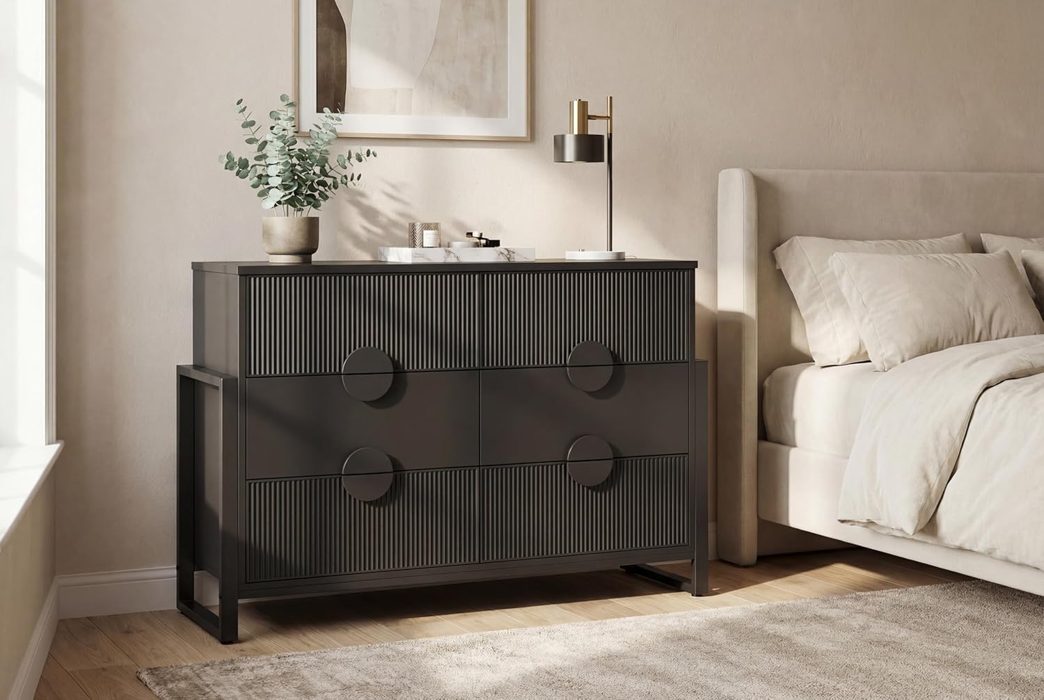 LGHM Fluted Dresser for Bedroom with 6 Drawers, Modern 6 Drawers Dressers with Semicylinder Fluted, Solid Chest of Drawers, 50" W Dresser with Bold Steel Frame, Metal Handles, Black