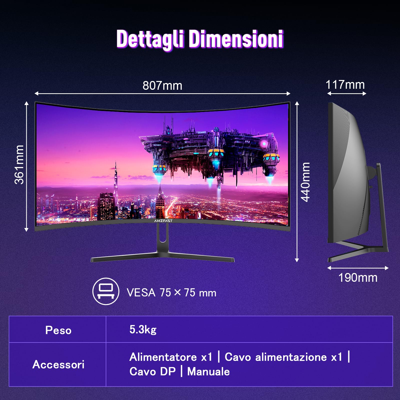 Amzfast Monitor Gaming, 34 Pollici 240Hz/UWQHD, Curvo 1500R, 1 ms MPRT, Adaptive Sync, sRGB 130% / DCI-P3 98%, HDMI 2.1, DisplayPort, Eye Care, VESA 75x75, PIP/PBP - AMZG34C5QPro