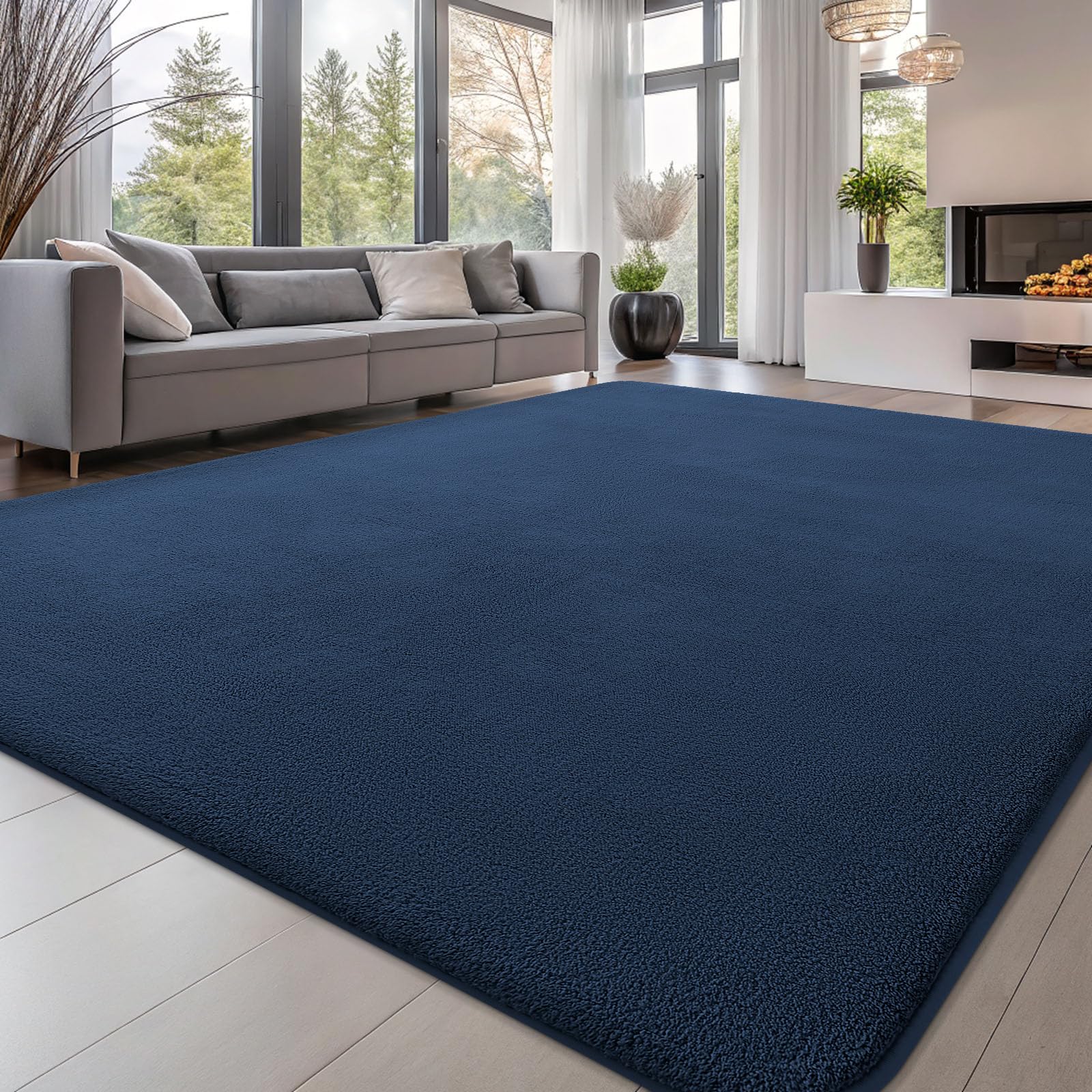 smiry Modern Fluffy Rugs Living Room, 120x160cm, Navy Blue