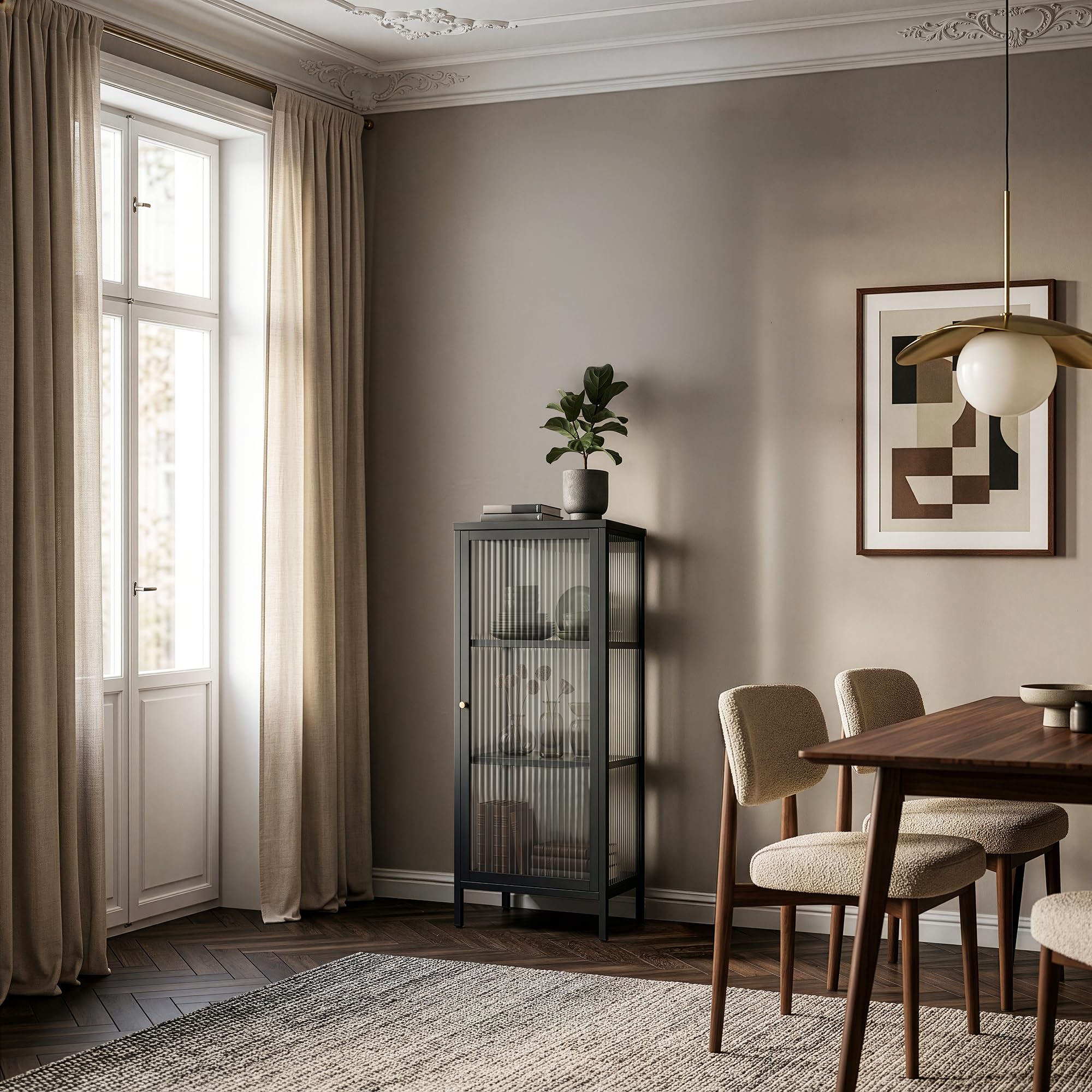[en.casa] Armadio Vetrina con Anta in Vetro Scanalato Mobile Contenitore Libreria a 3 Ripiani Scomparti Vani Portaoggetti per Soggiorno Sala Studio 100 x 40 x 40 cm - Nero