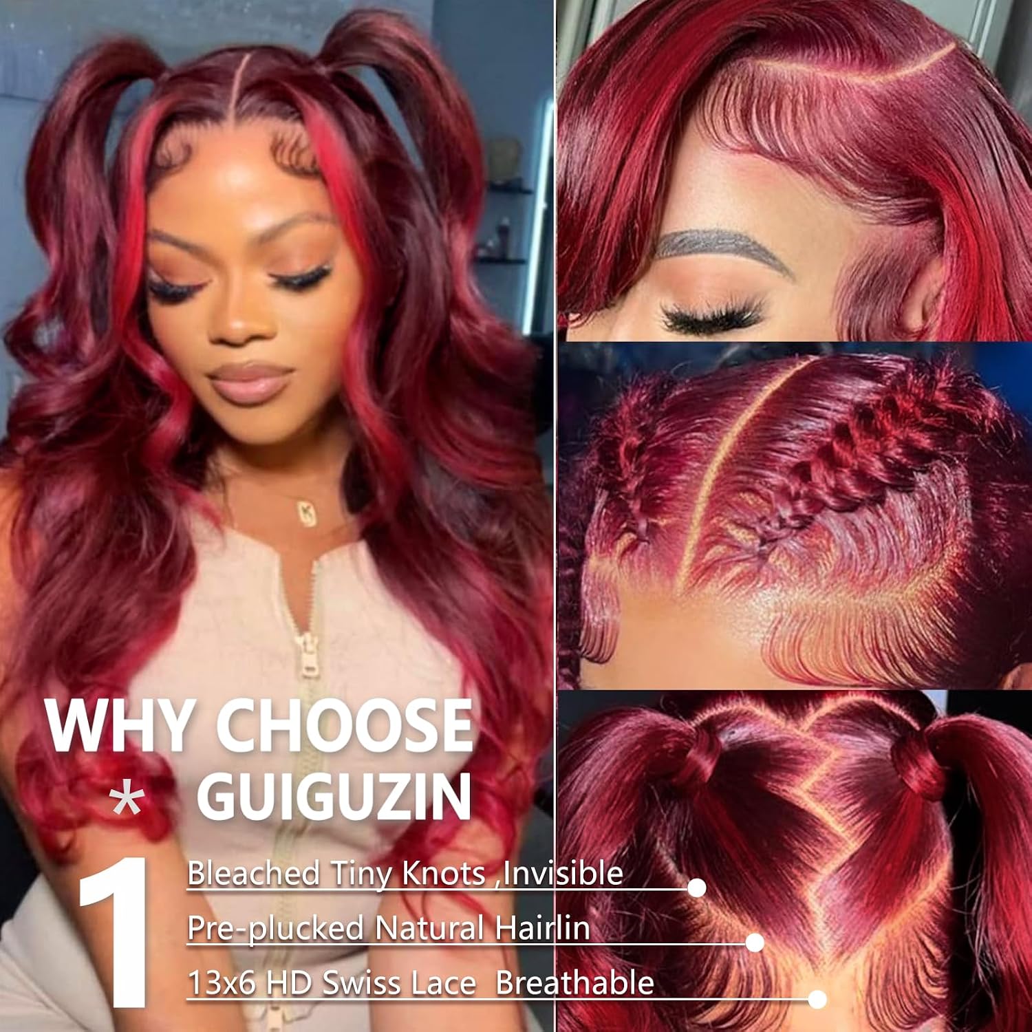 Red Burgundy13X6 Lace Front Wigs Human Hair Pre Plucked Glueless 99J Human Hair Wig with Red Highlight Body Wave Wig13X6 HD Transparent Lace Frontal Colored Wigs for Women 200 Density 24Inch