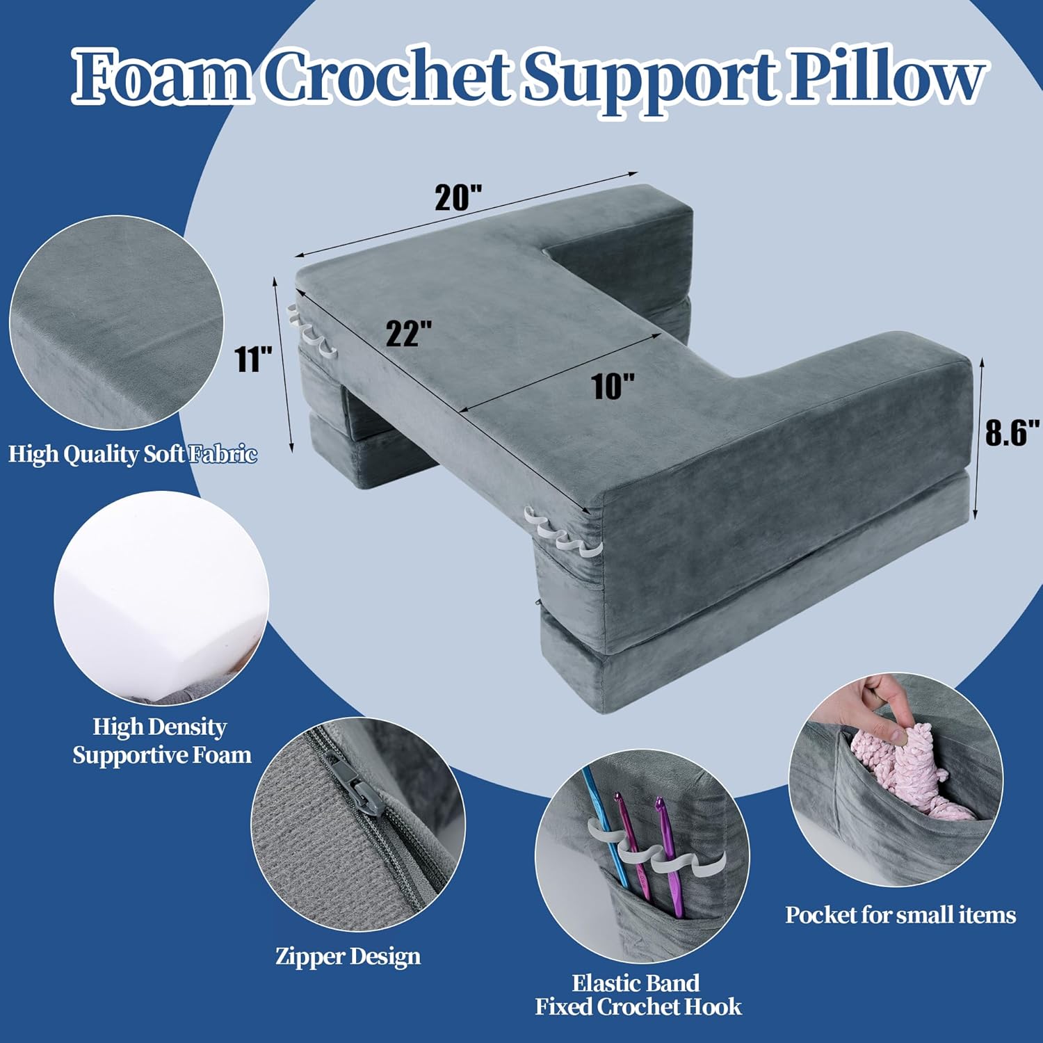 HOMBYS Adjustable Foam Crochet Pillow for Lap Support, Soft Velvet Reading & Gaming Pillow with Side Pocket and Elastic Band, Desk Pillow for Sofa, Bed & Floor, 2 Heights for Adjusting, (Grey)