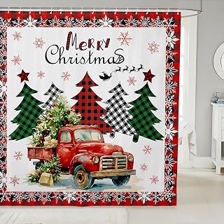 Erosebridal Christmas Truck Bathroom Curtain Buffalo Plaid Xmas Tree Shower Curtain 72" Wx72 L Farmhouse Winter Snowflake Bathroom Accessories for Kids Adults,New Year Holiday Shower Decor