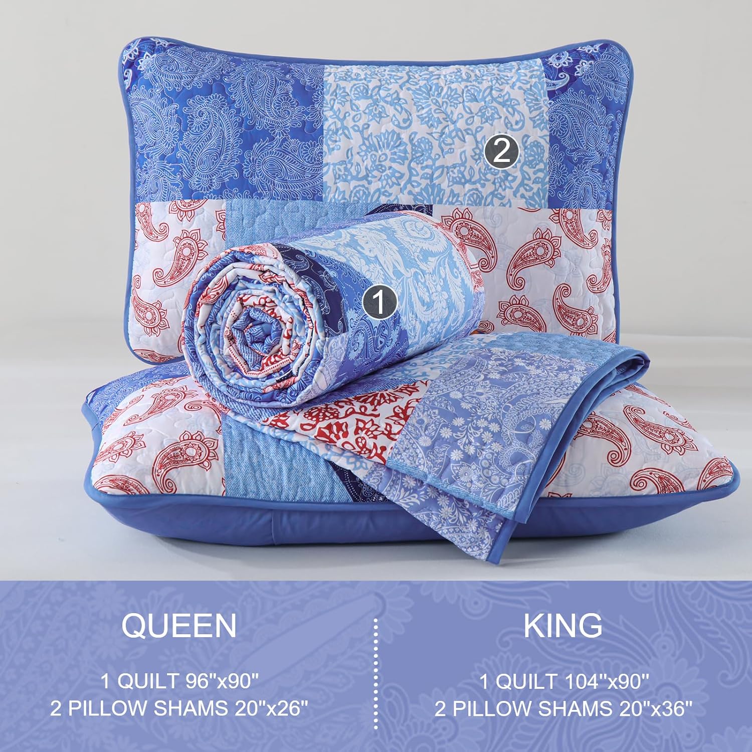 Mybedsoul Blue Patchwork Queen Size Quilt, Cozy Boho Floral Spring Bedspreads Bedding Set, 3 Pieces Reversible Plaid Coverlet Set for All Season 96x90 Inch