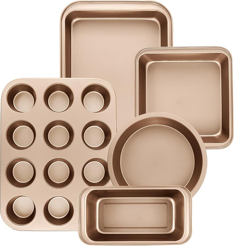 Juego de moldes antiadherentes para hornear, 5 piezas de bandejas de cocina para horno, juegos de utensilios para hornear con molde redondo/cuadrado para pasteles, molde para muffins, molde para pan, molde para asar, juego de hojas para galletas mobzio, suministros para hornear (oro champán)