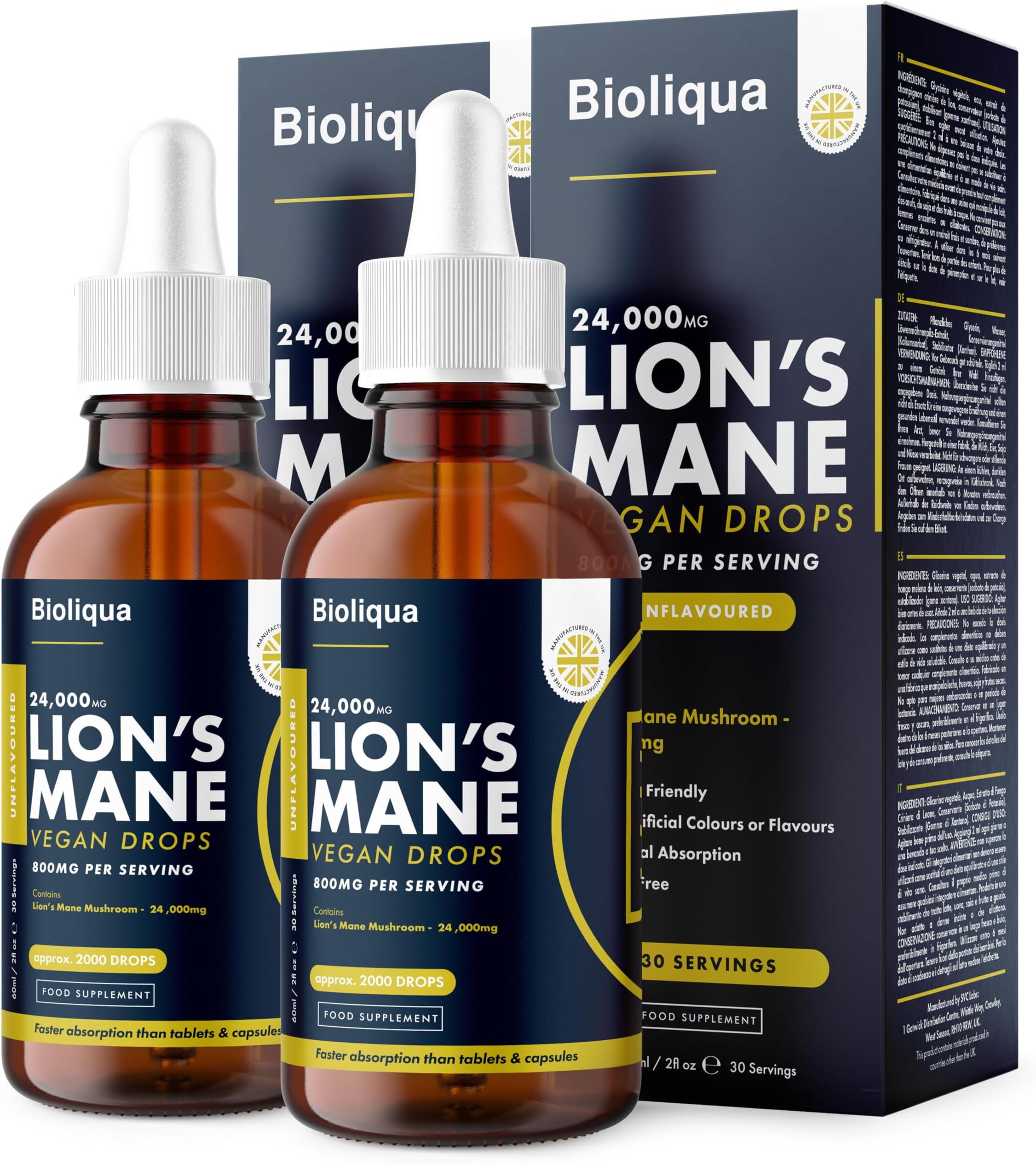 Lions Mane Supplement Liquid Drops - High Strength of 24,000mg per 60ml Bottle at 4X Concentration - Vegan - 2 Month Supply of Premium Lions Mane Extract - Made in UK by Balance (Double Pack)