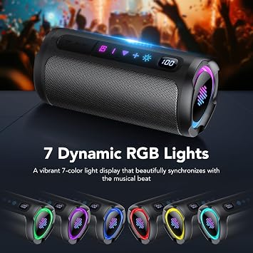 Portable Bluetooth Speaker with Battery Level Display, Powerful Sound Wireless Speaker: Deep Bass, BT 5.4, 20H Playtime, 7 RGB Modes, IPX7 Waterproof, TWS Pairing, Beach/Vacation Essentials(Black)