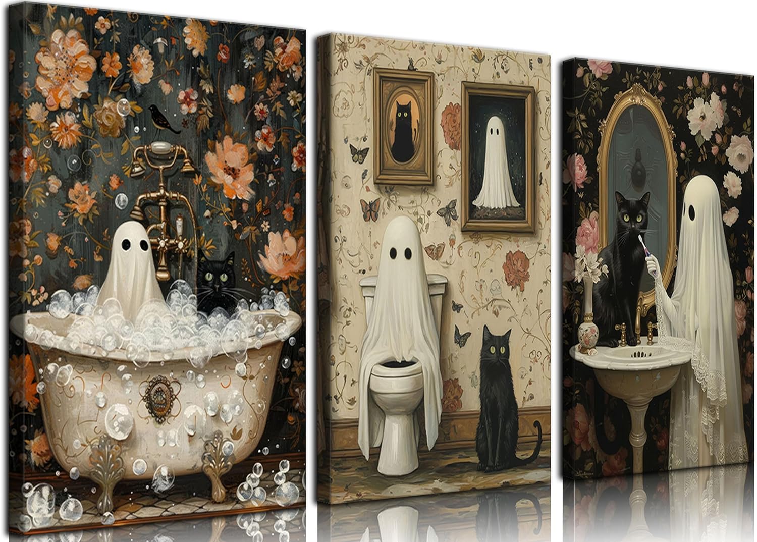 3Pcs Halloween Ghosts Canvas Wall Art Horror Ghost and Black Cat in Bathroom Wall Decor Pictures Retro Horror Creepy Dark Academia Canvas Prints for Bathroom Gallery Street Bar Home Decoration Framed