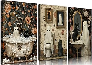 3Pcs Halloween Ghosts Canvas Wall Art Ghost on ToiletBlack Cat Funny Gothic Wall Decor Pictures Retro Horror Creepy Dark A...