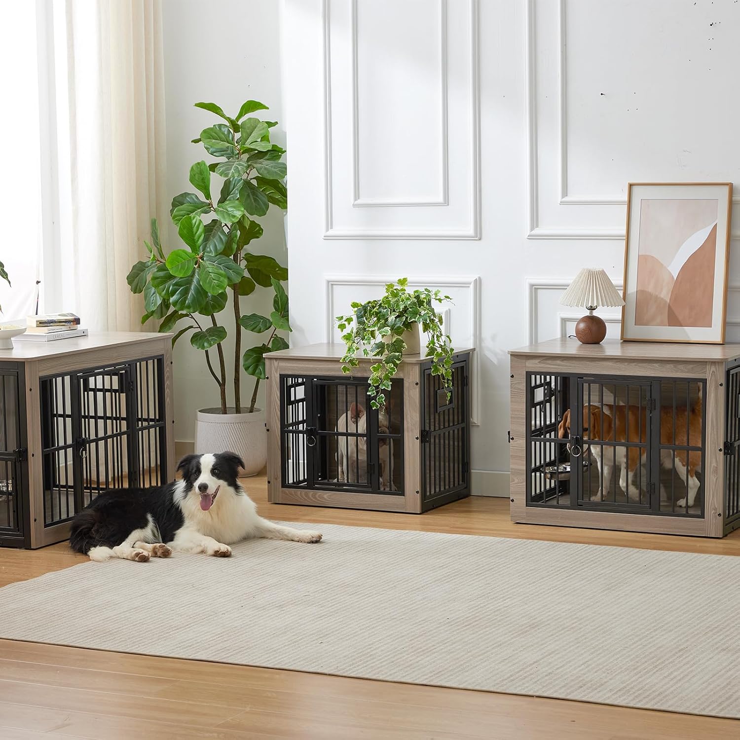 32 Inch Heavy Duty Dog Crate Furniture for Medium/Small Dogs, Decorative Pet House End Table with 3 Doors & Adjustable Bowls, Wooden Cage Kennel Furniture Indoor, Rustic Grey